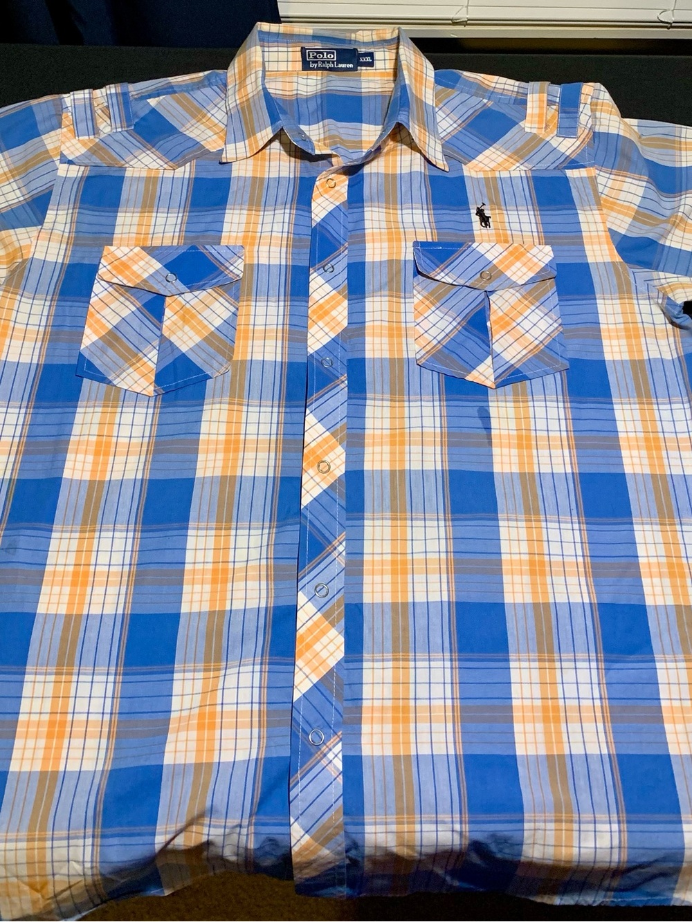 Polo Ralph Lauren 3XL XXXL Plaid Utility Snap Shirt Epaulets Blue Orange